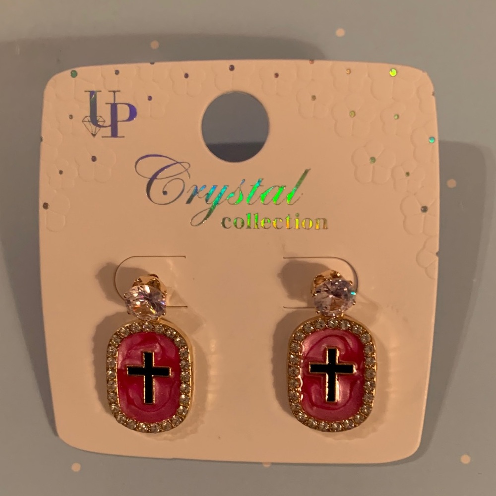 Pink and Gold Cross Earrings - Picture 1 of 1